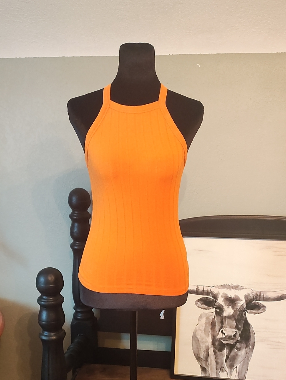 Orange Ribbed Halter Tank Top - Women